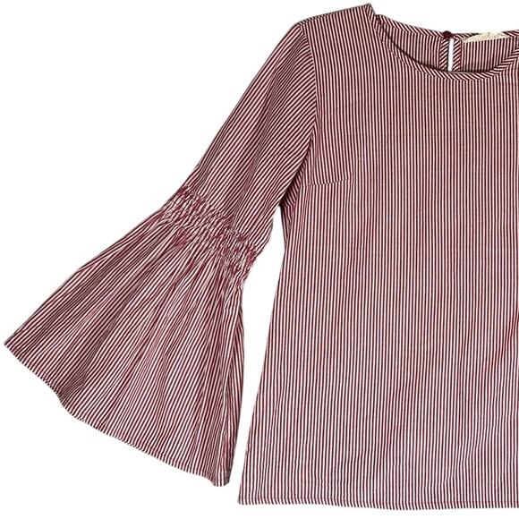 Solitaire Dark Pink Pinstripe‎ Bell Sleeve Blouse Sz S Cotton Blend Flared - Picture 9 of 11